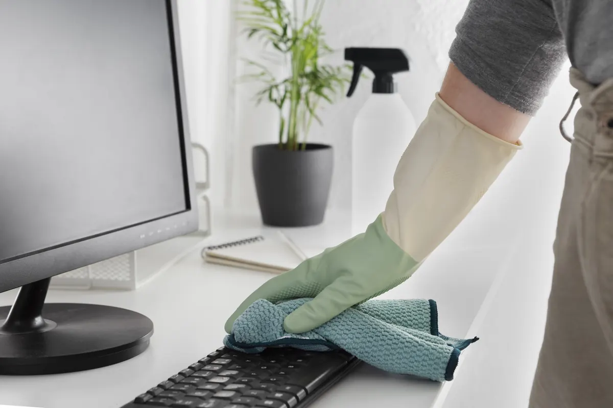 Reinigungsmittel, Staubwedel und gelbe Handschuhe auf einem Bürotisch