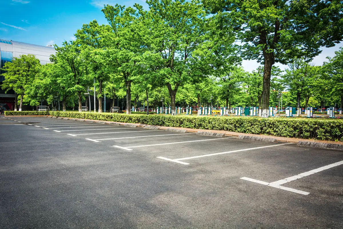 Leerer Parkplatz mit Bäumen und Hecken am Rand