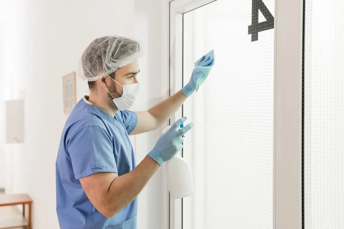 Fenstergriff in einer Klinik wird mit Handschuhen desinfiziert